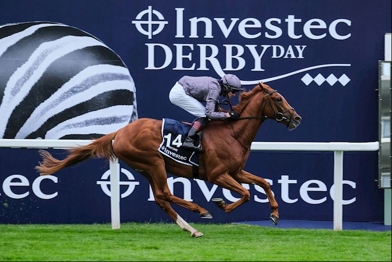 Serpentine crossing the Winning Post to win the 2020 Investec Derby